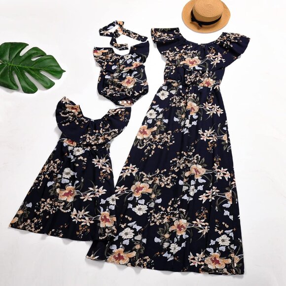 Mommy and Me Floral Chiffon Dresses Short Sleeve Matching Outfits - Picture 5 of 7